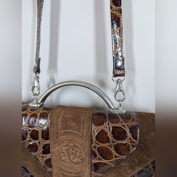 Vintage Italian Leather Purse – Embossed Croc & Suede – Metal Handle – Made in I - Picture 5 of 9